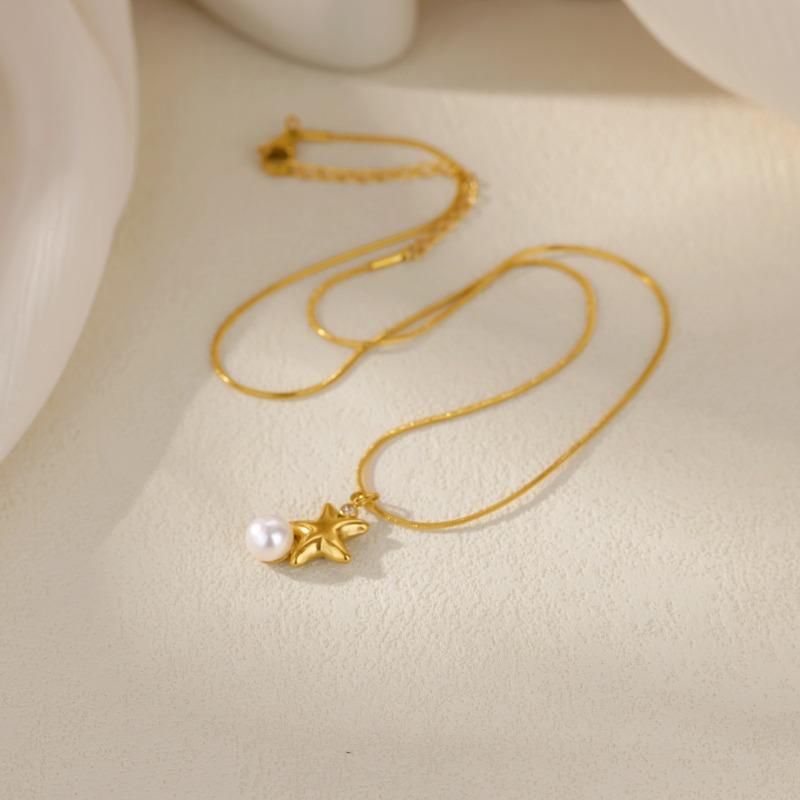 Wind cute point diamond zircon star starfish stainless steel snake chain necklace pentagram retro simple