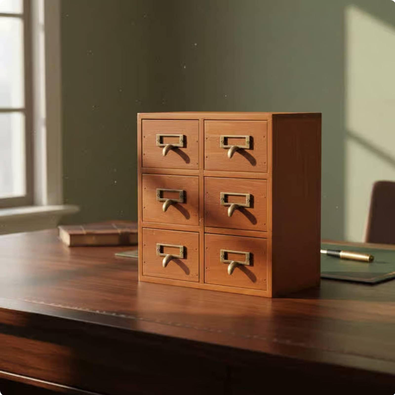 Wooden Desktop Organizer MultiFunctional Retro Counter Storage Box 6 Drawer