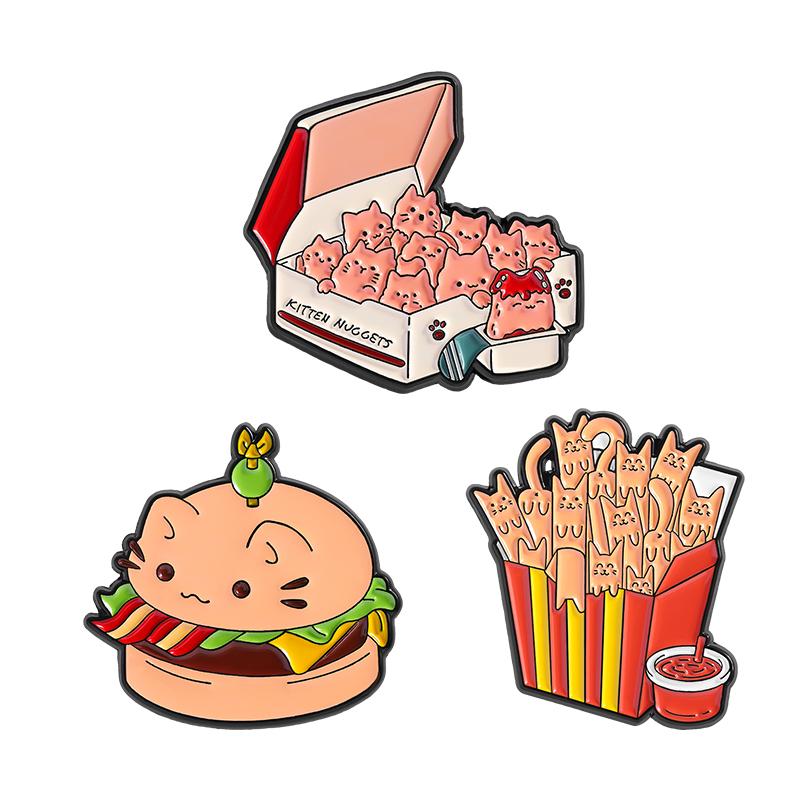 Cat Burger Enamel Pins Custom Cute Cat French Fries Brooches Lapel Badges Clothes Animal Jewelry Gift for Kids Friends