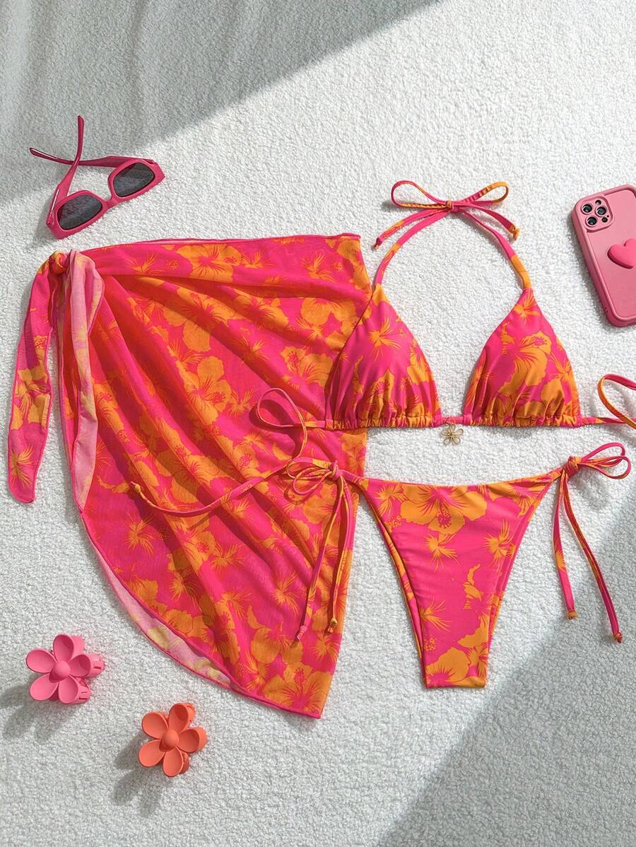

European And American Sexy Bikini Three-Piece Swimsuit Strap-Up Strap Apron Bikini Split Hot Spring Swimsuit XL помаранчевий