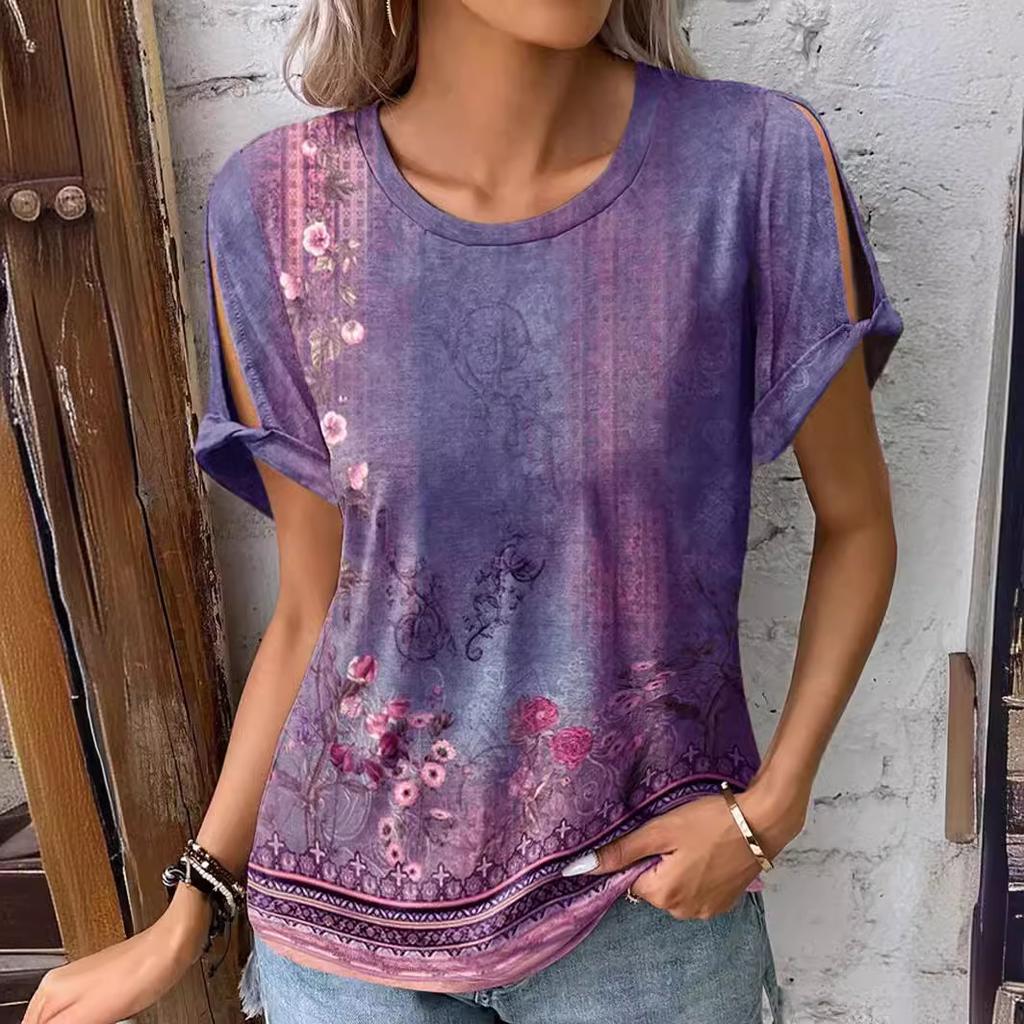 Women Vintage Floral Print Short Sleeve Cuff Sleeve T-Shirt