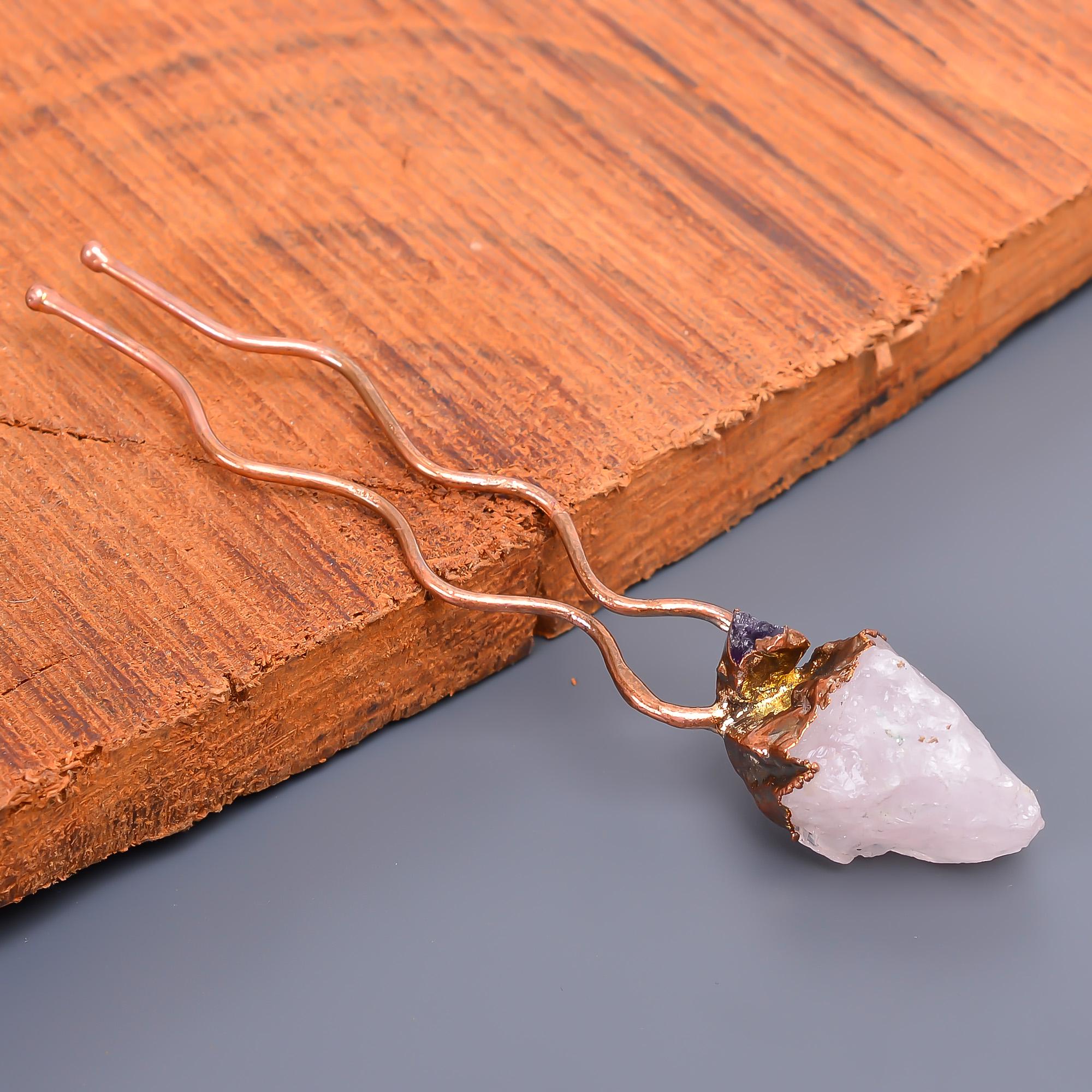 

Natural Rose Quartz Rough Handmade Jewelry Bun Stick 3.7 Inch / Electroplated Copper Gold Filled Hair Pin Christmas Sale For Mother Wife