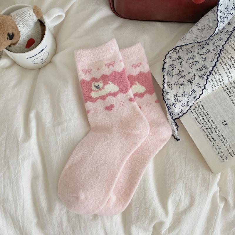 Cartoon plush socks women's medium tube socks autumn and winter plush warm cute bow puppy Australian velvet winter sleep socks