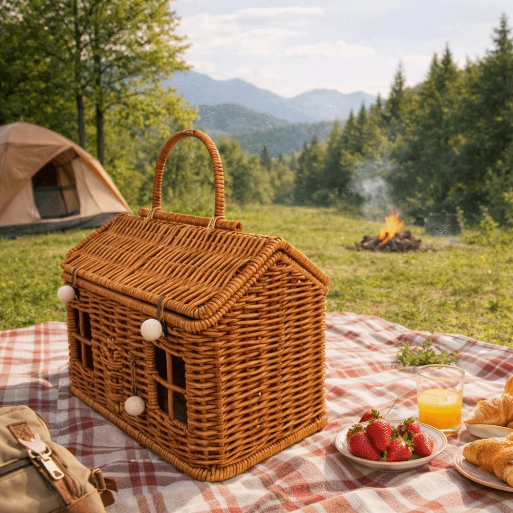 House Shaped Rattan Picnic Basket With Handle Clutter Organizer  Wedding Ceremony