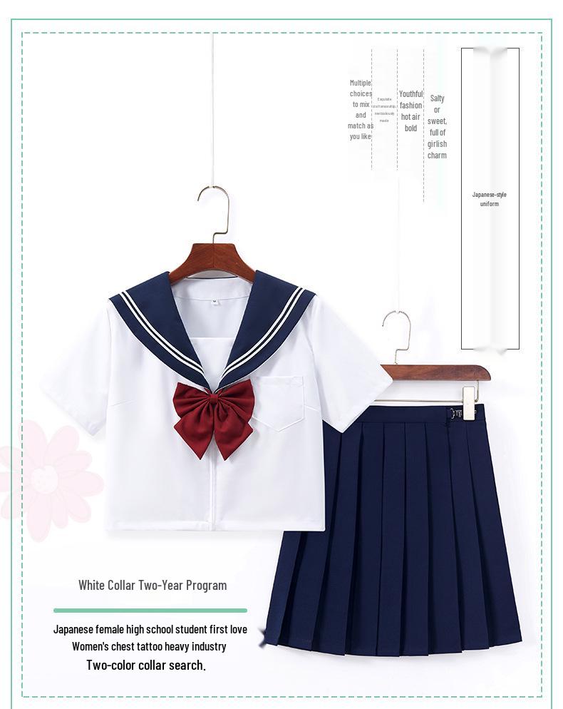 Navy Sailor Collar JK School Uniform - White, Two-Line Suit & Pleated Skirt