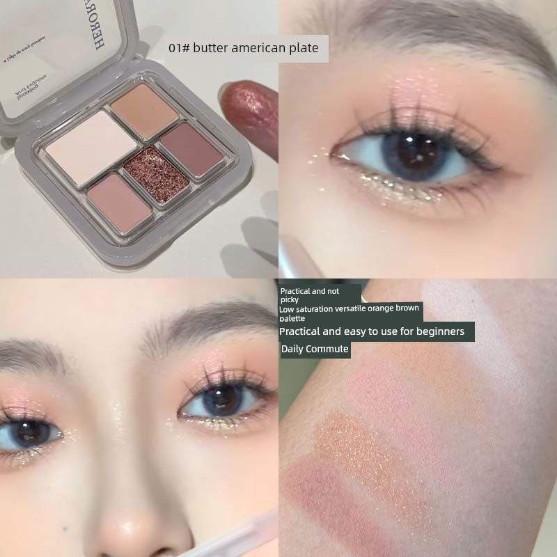 Low-Saturation Water Ripple 5-Color Eyeshadow Palette, Smoky Earth-Toned Blush All-In-One Palette, Sweet Girl Sweet Style for Students