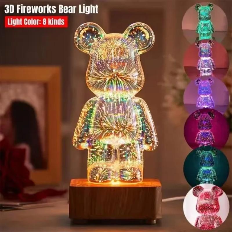 LED 3D Bear Fireworks Night Light USB Projector Light Color Changing Environment Light Suitable for Children's Room Bedroom Decoration New Year Gift