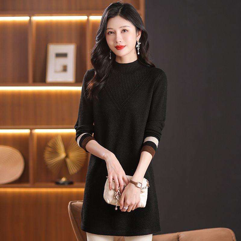 Mid-length Knitted Sweater Women's Fashion Solid Color Loose Large-sized Sweater Autumn and Winter Casual Half Turtleneck Pullover