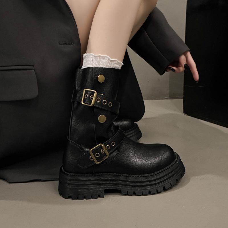 Thick-soled heightening brown British Martin boots children 2025 new spring and autumn fold two wear medium tube fashion short boots