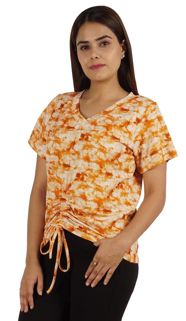 Moomaya Tie Dye Short Sleeve Ruching Tops For Women V-Neck Casual Jersey Tee