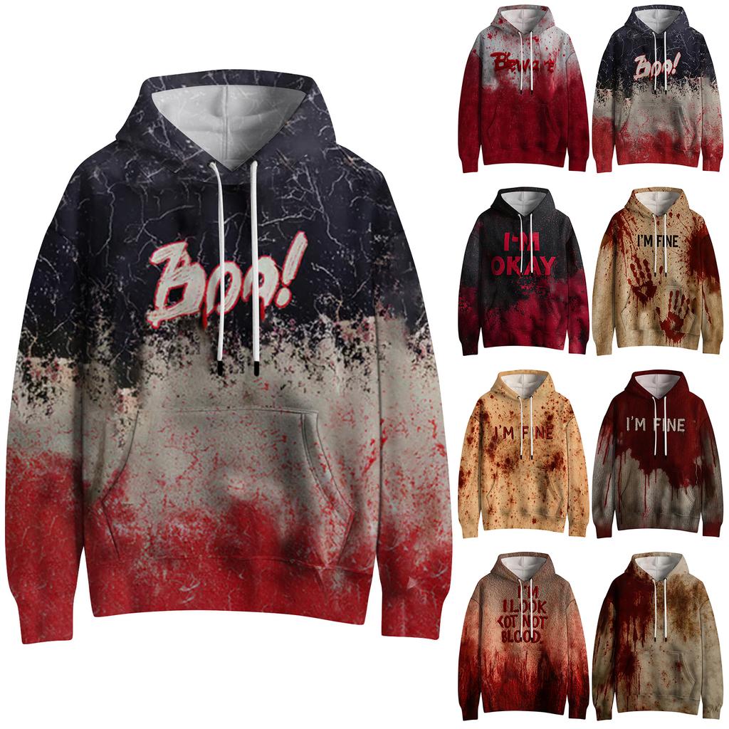 Women's Fashion Long Sleeve Pullover Halloween Print Hooded Pocket Sweatshirt