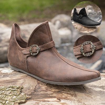 Renesans Średniowieczne Męskie Buty Wiking Rycerz Książę Vintage Brązowe Klamra Skórzane Kozaki Krótkie Płaskie Buty Cosplay Kostium Pirata