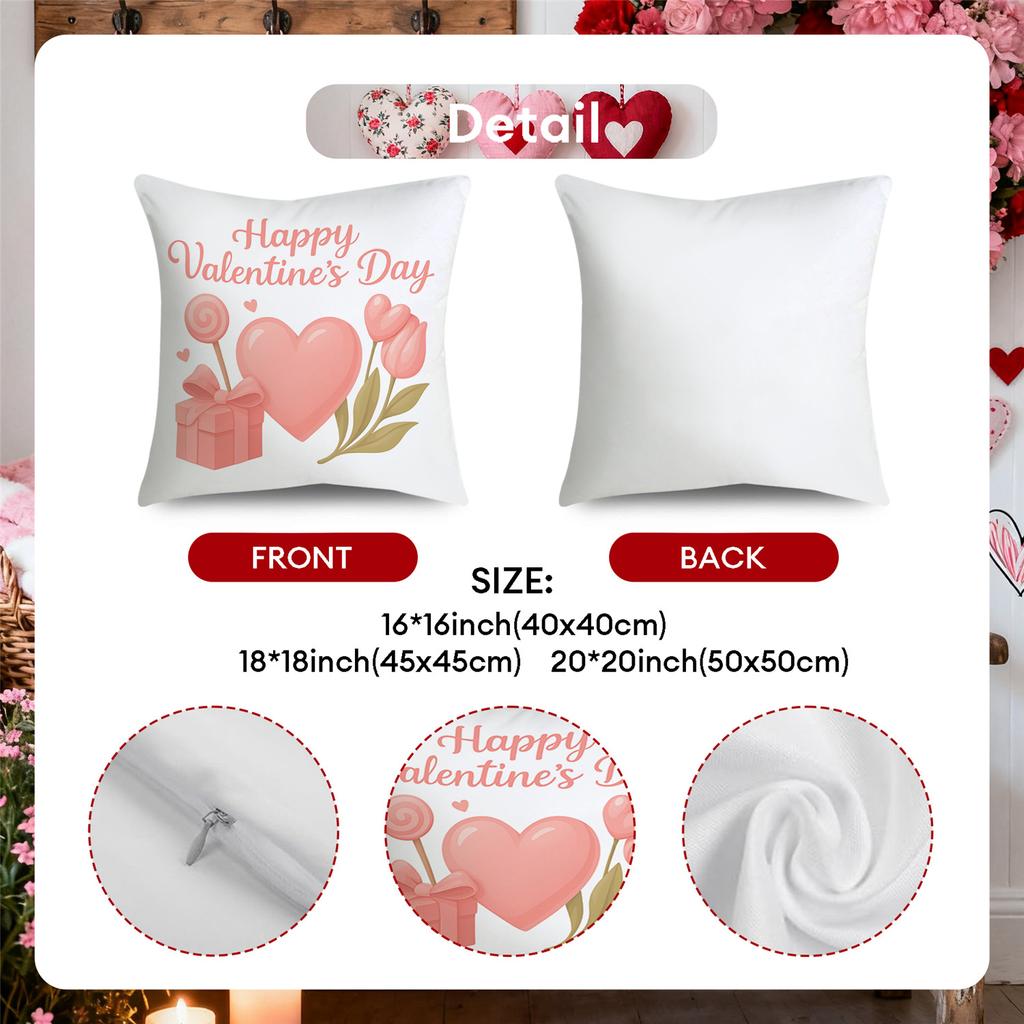 4pcs Valentine'S Day Throw Pillow Covers | Pink Floral Hearts Gift Cupcake Designs, Zip Closure, Polyester, Hand Wash Only, Suitable for Bedroom, Sofa