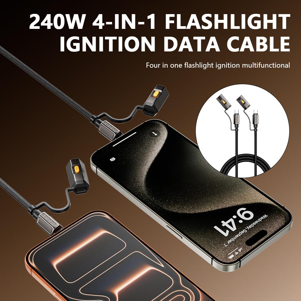4 In 1 Flashlight Ignition Date Cable Type-C To Type-C Fast Charging Data Transfer Cable With Bright Flashlight Flameless Ignite