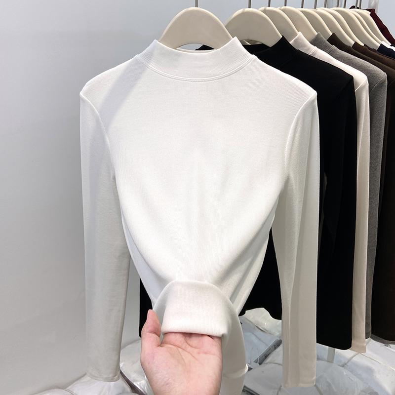 Autumn/Winter 2025 Women's Ribbed Half-High Neck Velvet-Lined Base Layer Shirt with Stand Collar