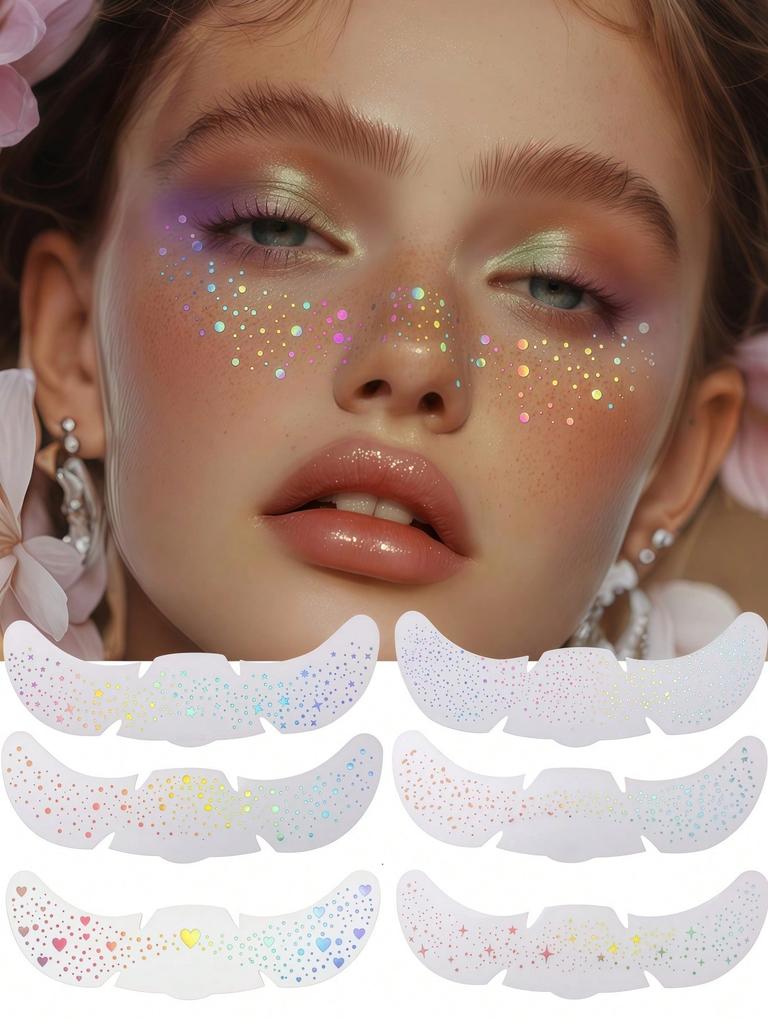 12/6 Stück Glitzer Sommersprossen Gesichtstattoo Temporäre Fake Sternen-Sommersprossen Aufkleber Make-up Patches für DIY Y2K Musikfestival Make-up
