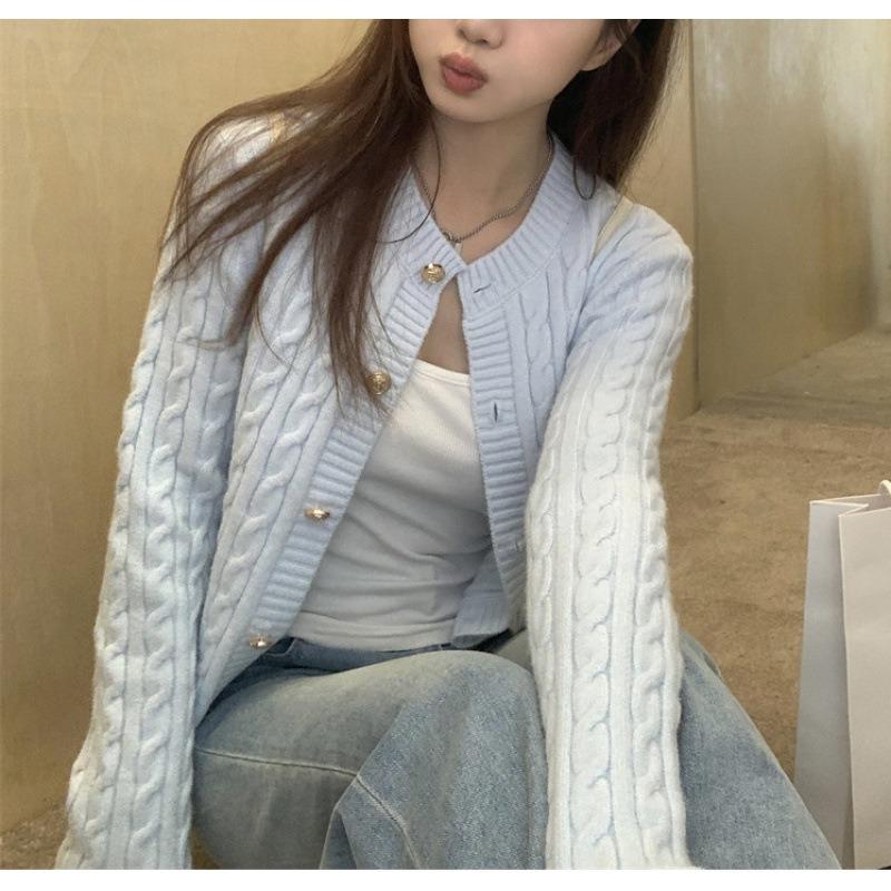 Gentle Soft Waxy Twist Short Sweater Women's Autumn New Candy Color Crew Neck Knitted Cardigan Jacket