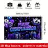 Birthday Party Banner Backdrop Purple Blue Glitter Balloons Gift Boxes Disco Ball