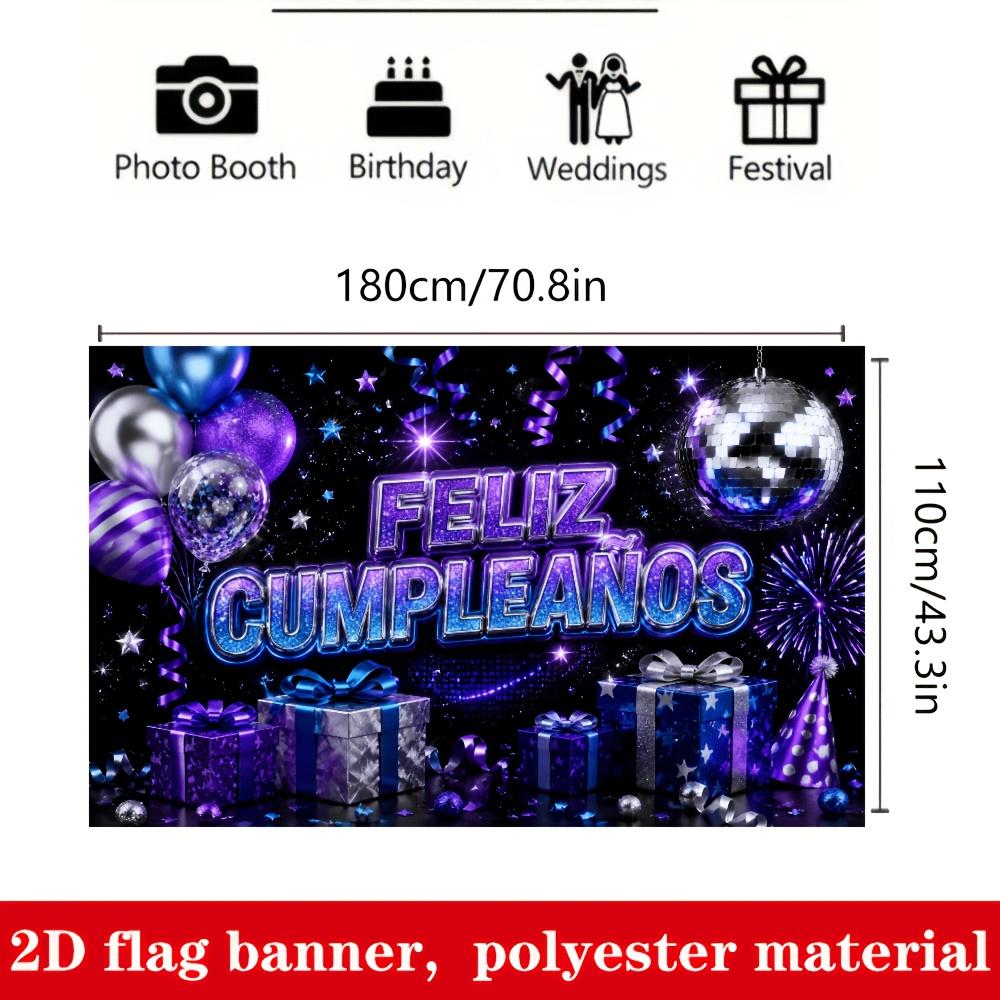 Birthday Party Banner Backdrop Purple Blue Glitter Balloons Gift Boxes Disco Ball