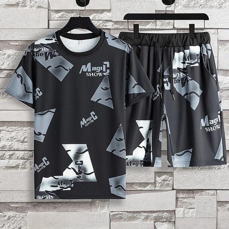 Summer Youth Style Ice Silk Pánská mikina Set Tričko+Šortky dvoudílné Pánské Sportovní soupravy Teplákové soupravy s potiskem Pánské MC-001