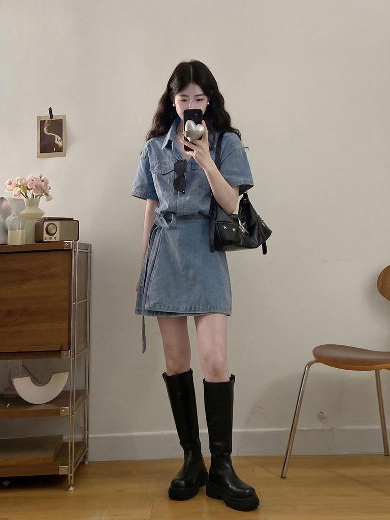Hong Kong Style Retro Washed Denim Dress: Women's 2026 Summer Casual Waist-Cinched Short Skirt