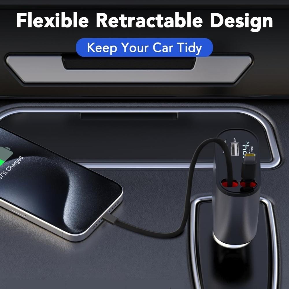 4 In 1 Car Charger 120W Super Fast Charging PD 3.0 with LED Display Cable  Power Adapter for IPhone 16 15 14 13 Pro Xiaomi Samsung