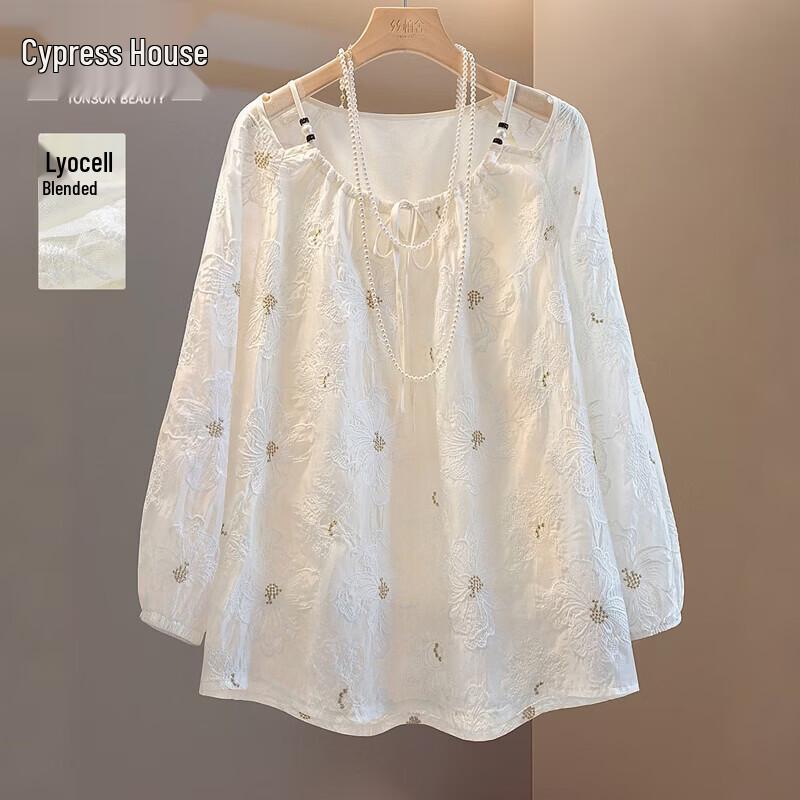 Women s Retro Lyocell Embroidered Sheer Blouse M