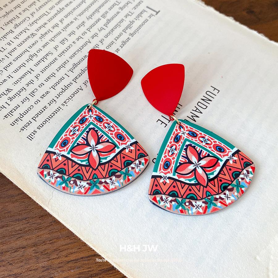 Silver needle acrylic printing triangle pendant earrings retro ethnic style stud earrings fashion earrings design sense niche