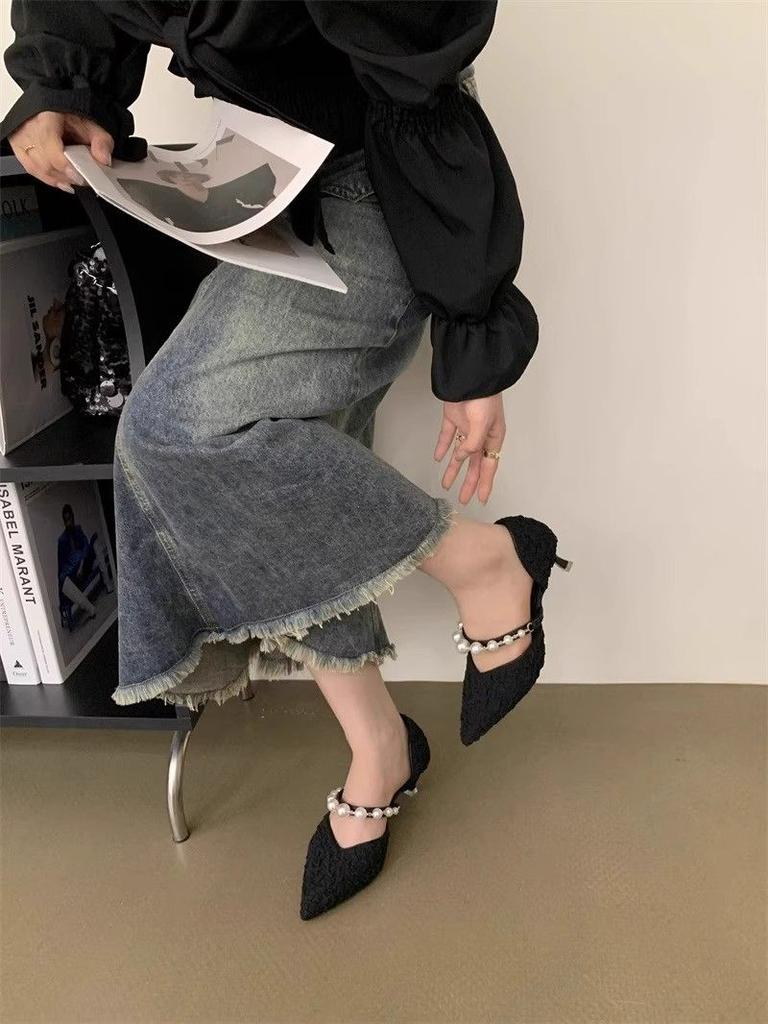 Fashion Stilito With Medium Heels Ladies Pumps Pearl Pointed Toe Women's Shoes 2025 Trend Popular Korean Style 39 Chic and Elegant Shoe