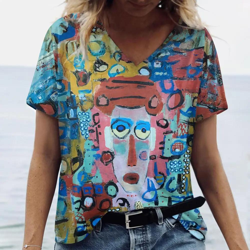 Letní dámské módní tričko Exagerovaný umělecký potisk Topy Trička Dámské Vintage Krátký rukáv Oblečení Dámské Denní Ležérní Streetwear