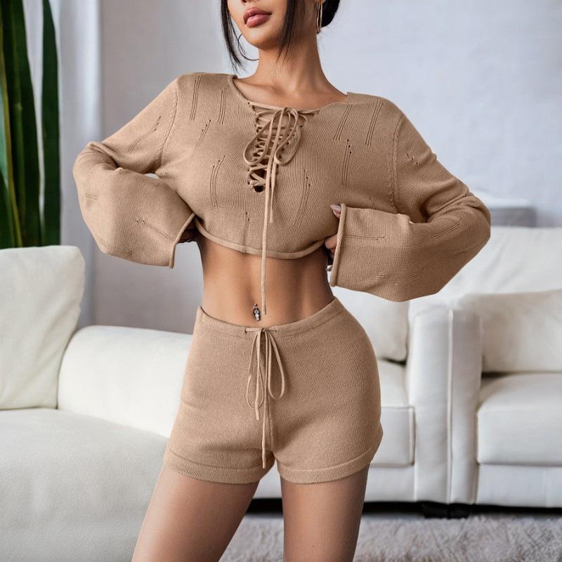 Casual Knit Shorts Suits Women O Neck Long Sleeves Bandage Tops Sets Female Spring Summer Lady Beach Sets 2 Pieces