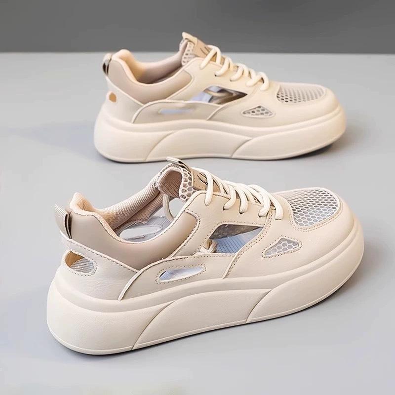 Women's Spring and Autumn New Thick-soled Hollow Breathable Versatile Casual Hole Shoes Sports Mesh Shoes