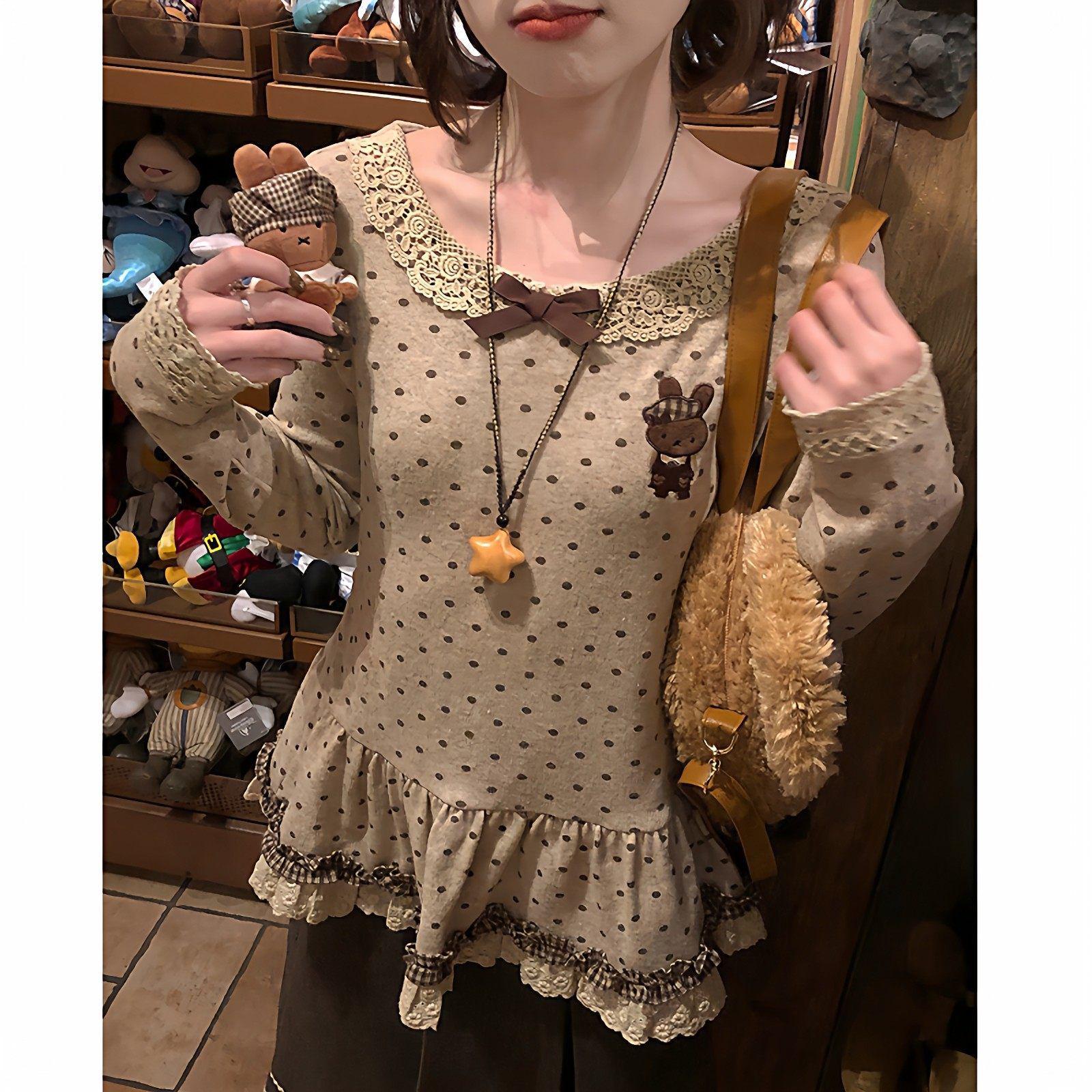 

Korean Sweet Girly Embroidered Lace Polka Dot Long Sleeve Top for Autumn Winter L