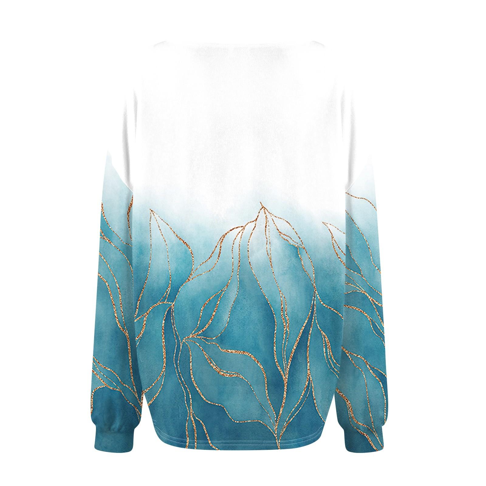 Женская мода V-образный вырез длинный рукав принтованный свободный пуловер свитшот топ — фото 5