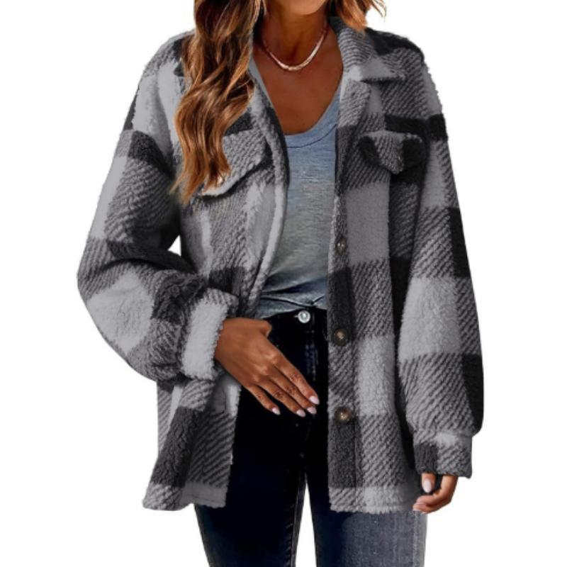 Women's Plush Fleece Winter Jacket - Yellow & White Checkered High Elasticity Coat, Inspired Elegance Collection for Fall & Winter