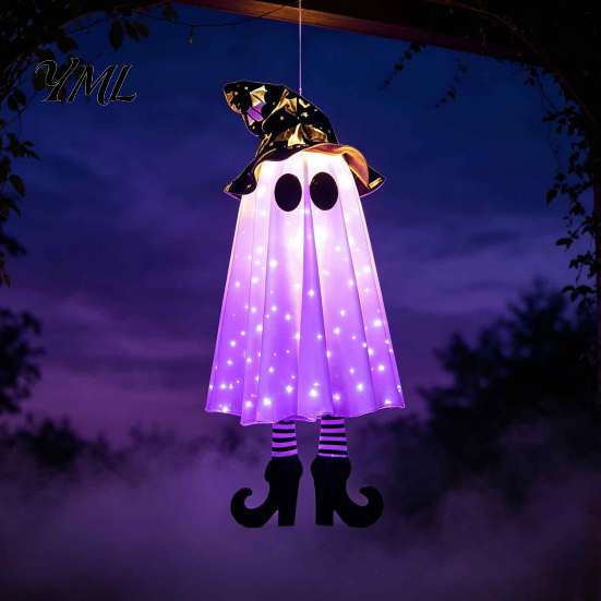 Tree Hanging Ghost Lanterns Halloween Decoration with Witch Hat And Leg, LED Lighted Spooky Trick or Treat Party Supplies Floating for Indoor Outdoor
