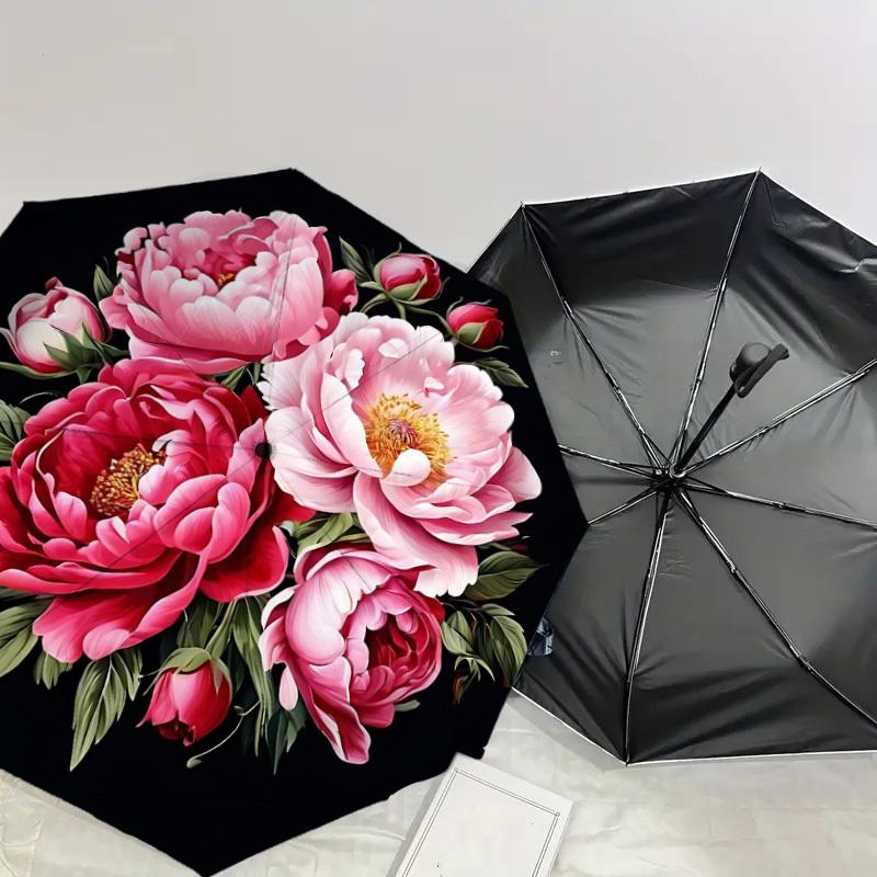 1pc Peony Flowers Automatic Folding Umbrella 8 Rib Iron Frame, Compact Portable Umbrella Suitable for Travel, Daily Use, Birthday, Women & Men Gift c