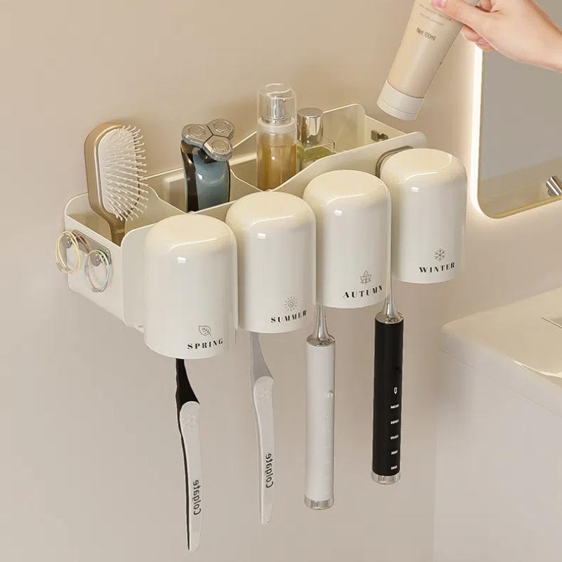 Wall Mounted Toothbrush Holder No Punching Toothpaste Toothbrush Storage Rack Transparent Mouthwash Cup Toothbrush Bathroom Set