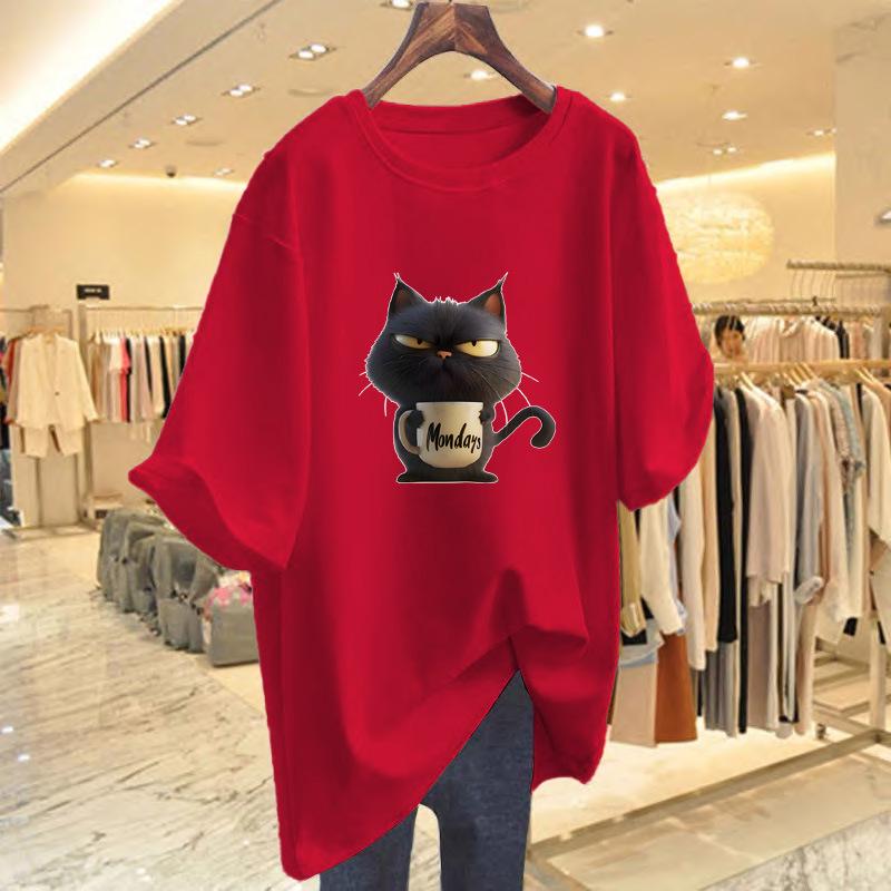 Cartoon Cat Graphic Breathable Round Neck Short Sleeve Women's Casual T-Shirt