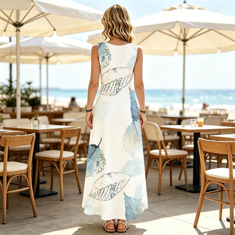 Women's Sleeveless Leaf Print Maxi Dress Summer Beach & Daily Commute,Loose Lightweight & Breathable,Versatile for Vacation & Casual Outings