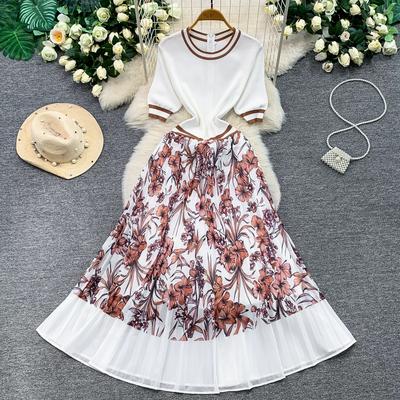Women Fashion Knitting Sweater Patchwork Chiffon Dress Summer Short Sleeve Casual Floral Print Pleated Vacation Holiday Midi Sundress