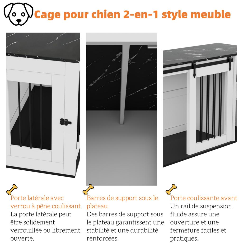 2-in-1 Hundebox, Holz-Metall, als Beistelltisch, für kleine bis mittelgroße Hunde, 140 x 60 x 87 cm, Weiß, Tischplatte mit schwarzer Marmor-Effekt-Folie