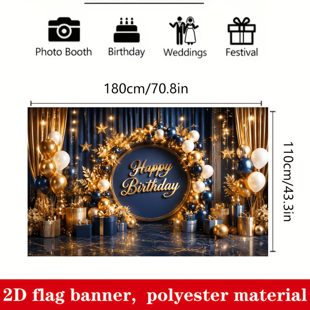 Un banner 2D con uno sfondo lussuoso a tema compleanno in blu e oro ed elementi dorati al centro.zyc