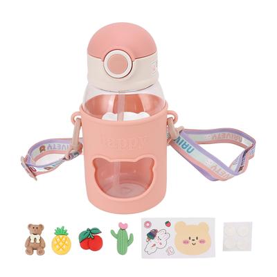 Straw Water Bottle Portable Sealed Leakproof Straw Water Cup with Sticker for Home Picnic Pink