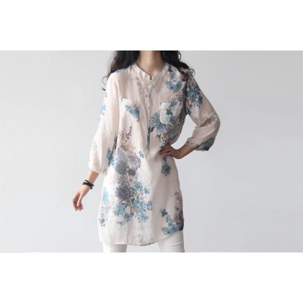 Spring/Summer Women's Cotton and Hemp Floral Shirts Large Size Loose Medium To Long Seven Sleeve Shirt