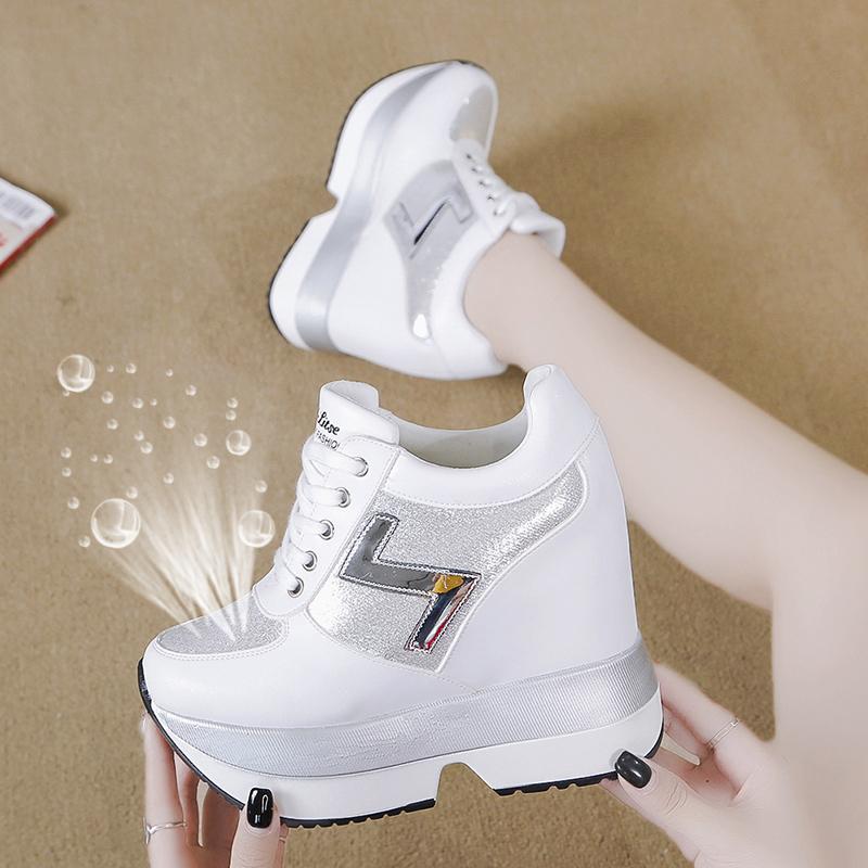 Women's Ankle Boots 2025 Spring Leather Chunky Shoes Woman Platform Height Increased Sneakers 10CM Thick Sole Wedges White Boots
