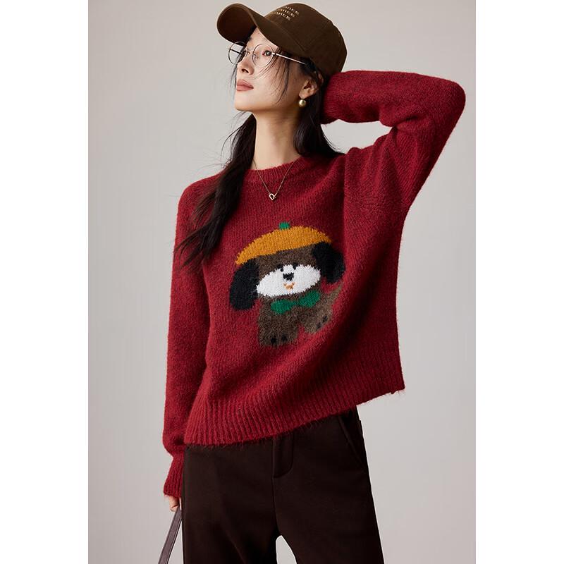 VICTORIA&VERA Women's Hooded Puppy Jacquard Knit Sweater