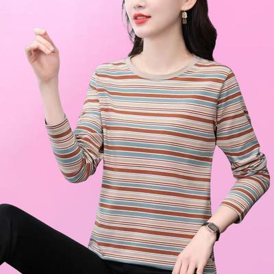 Bottom Shirt for Women's Spring and Autumn Clothes New Long-sleeved T-shirt Striped T-shirt Fashionable Round Neck Mother Top