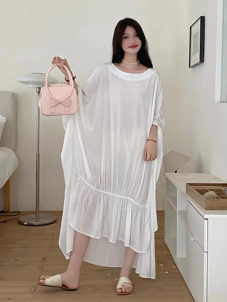 Xitao Asymmetrisches Volant-Randfaltenkleid, einfarbig, Fledermausärmel, Damen ZY8835