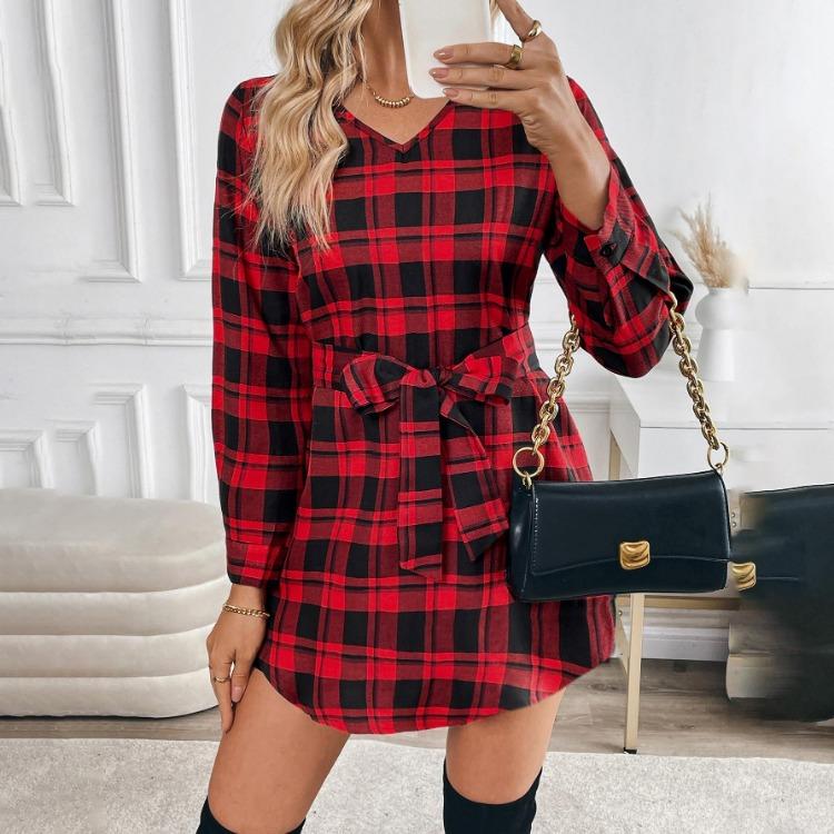 Sommer Damen Kariertes Langarmkleid V-Ausschnitt Hohe Taille A-Linie Schnürung Kurzes Kleid Frühling Mode S-XL